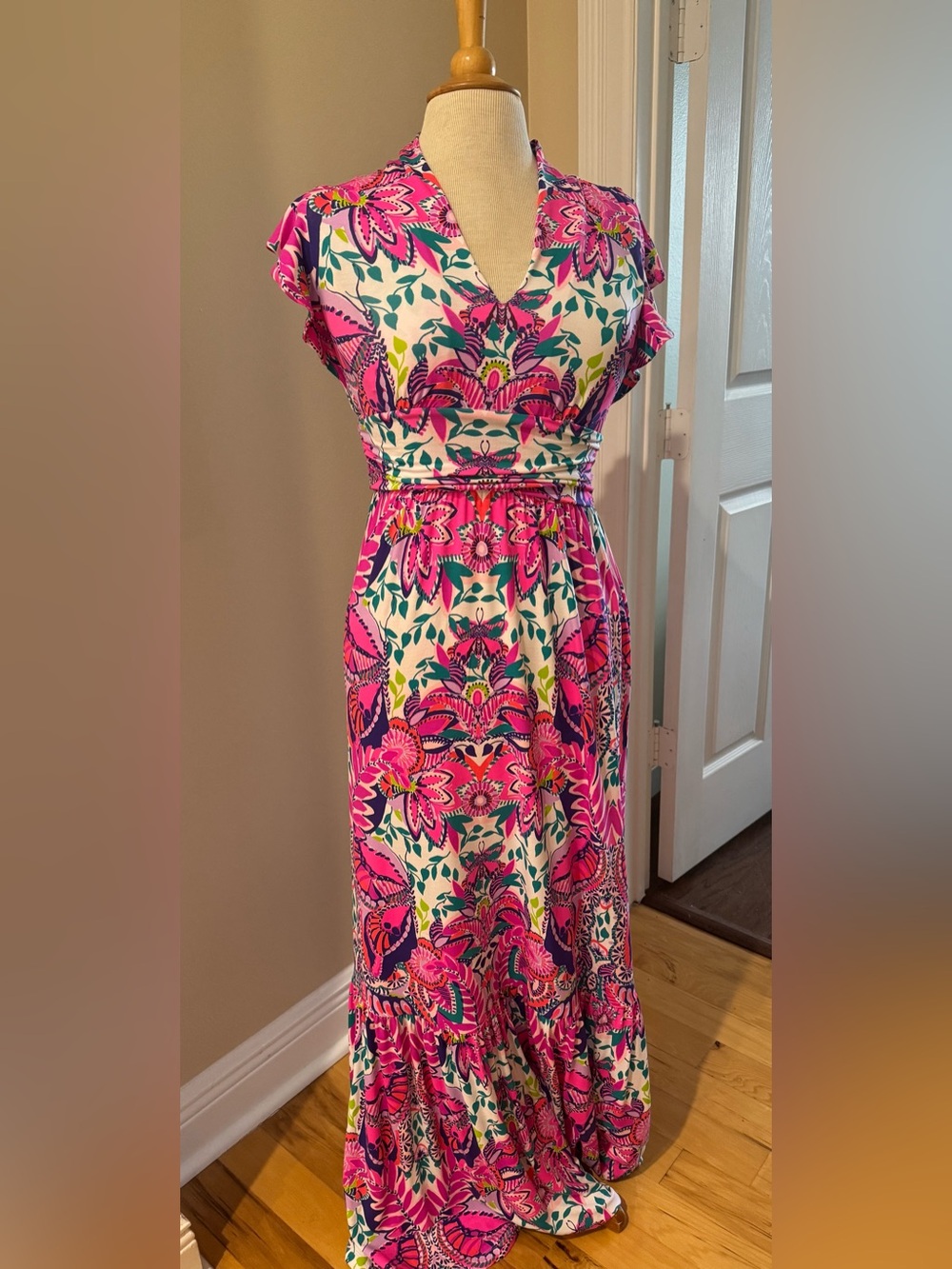 Lilly Pulitzer Floral V-Neck Maxi Dress in Pink and Cream